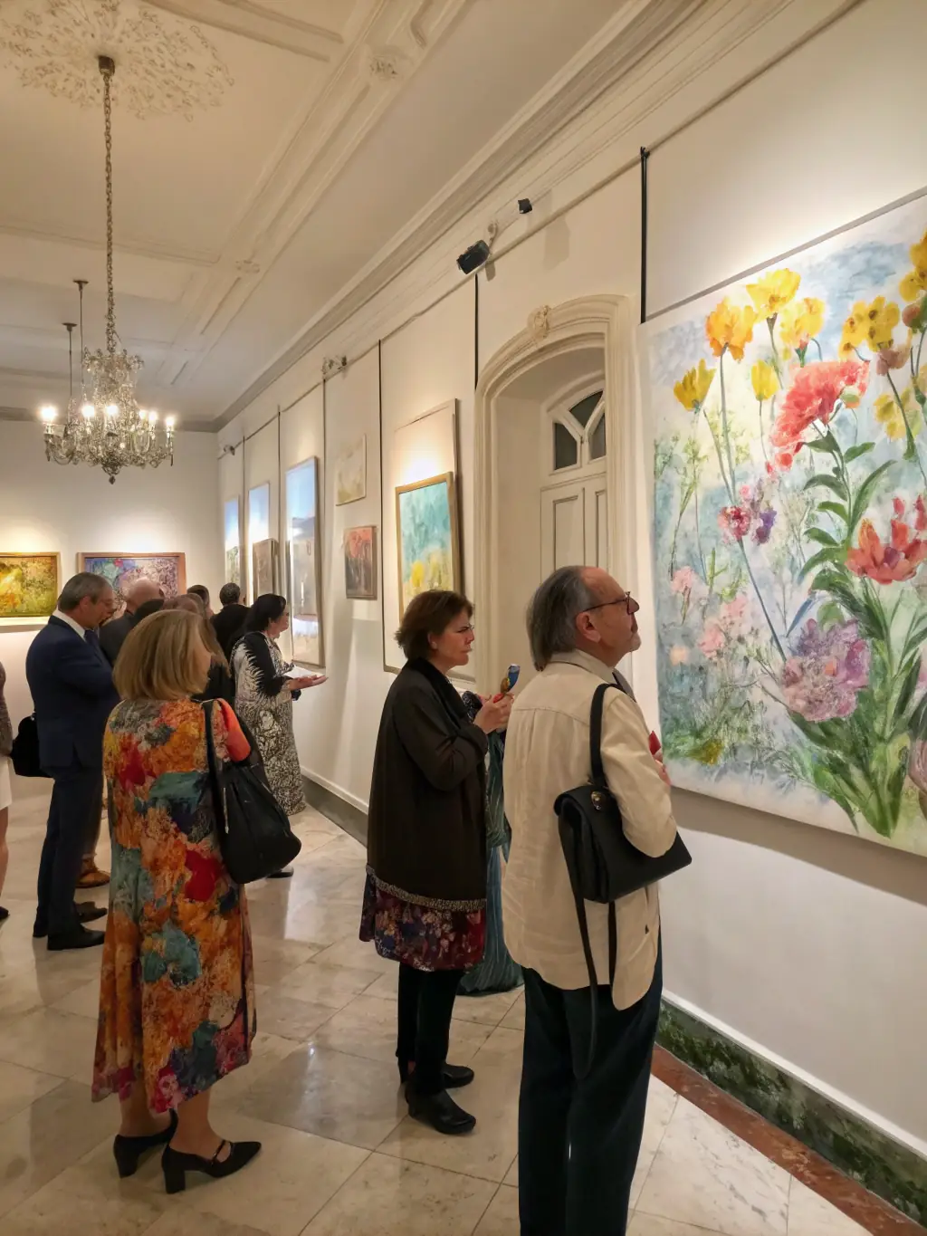 A captivating image of an art exhibition opening, with attendees admiring the displayed artworks and engaging in conversations with the artists.