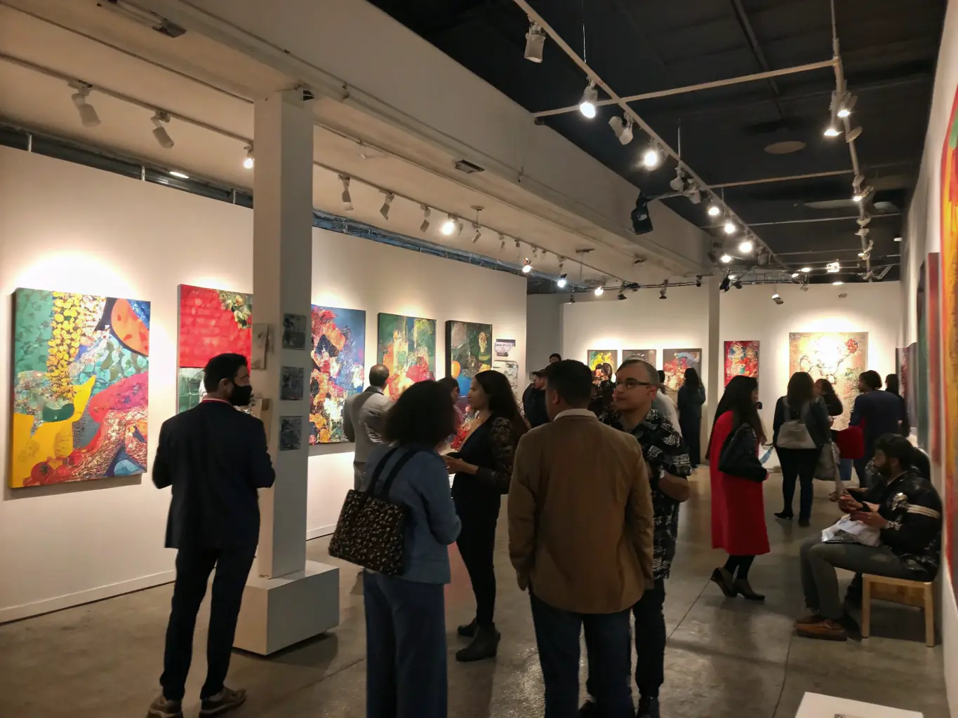 An image capturing the opening night of an exhibition at ASSOCIATION 3/6/9, highlighting the diverse artworks and the engaged audience.