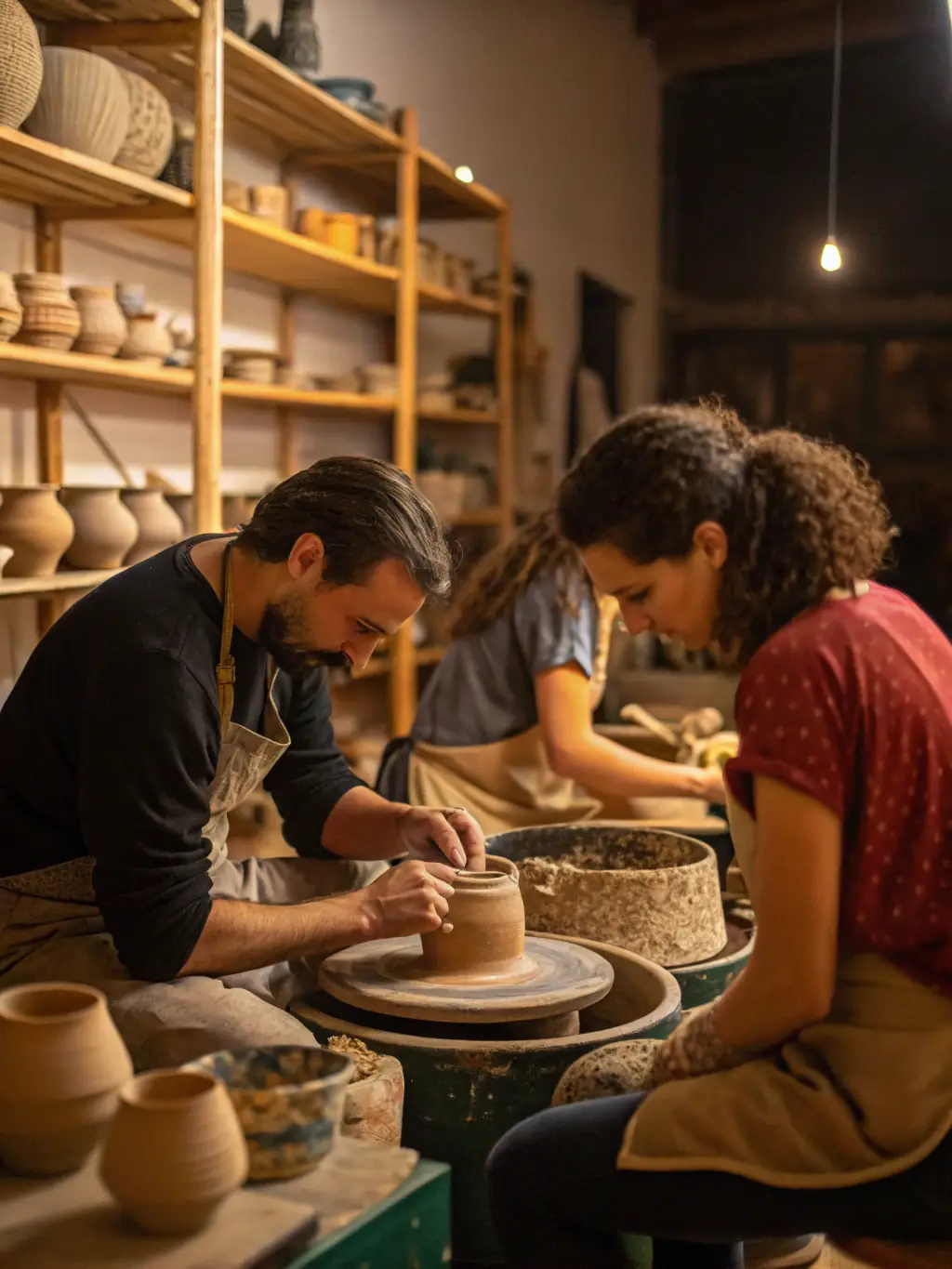 A photograph capturing a pottery workshop in progress, with participants learning to shape clay on a spinning wheel under the guidance of an instructor.